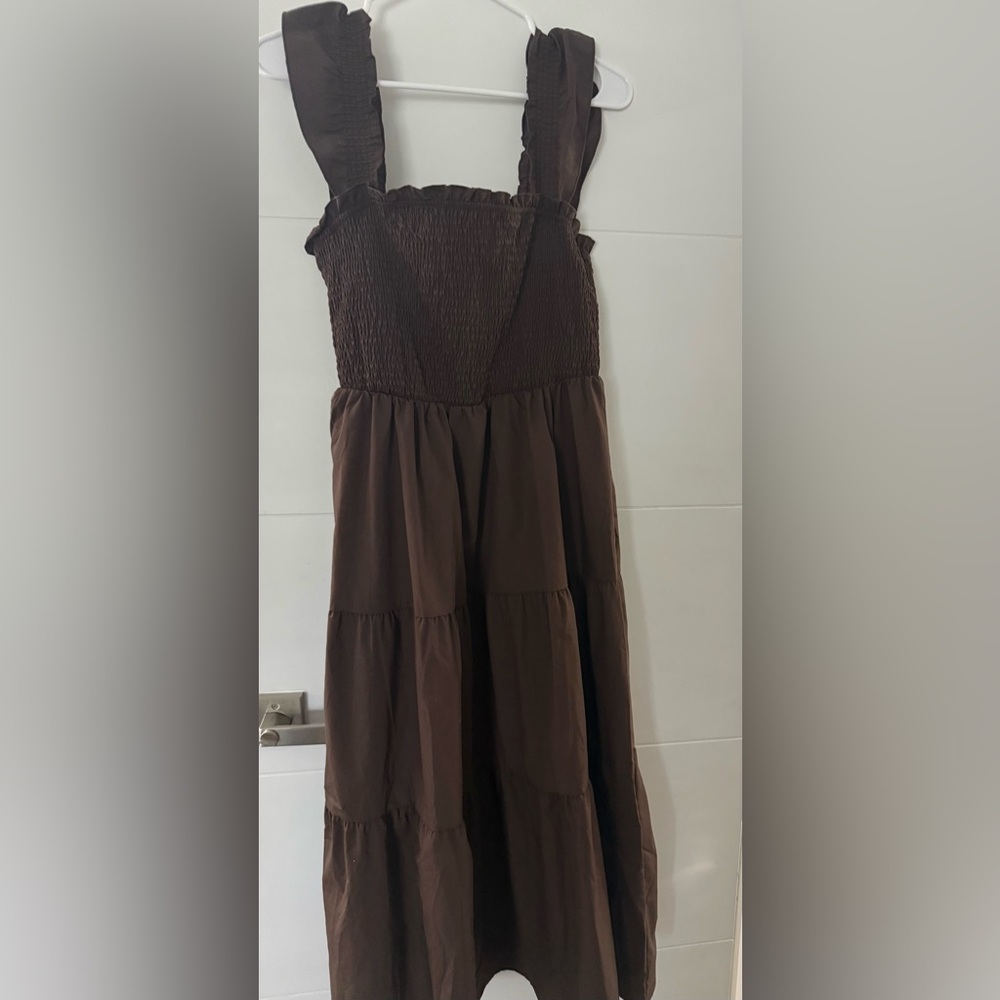 Women's Brown Maxi Dress with Ruffled Straps